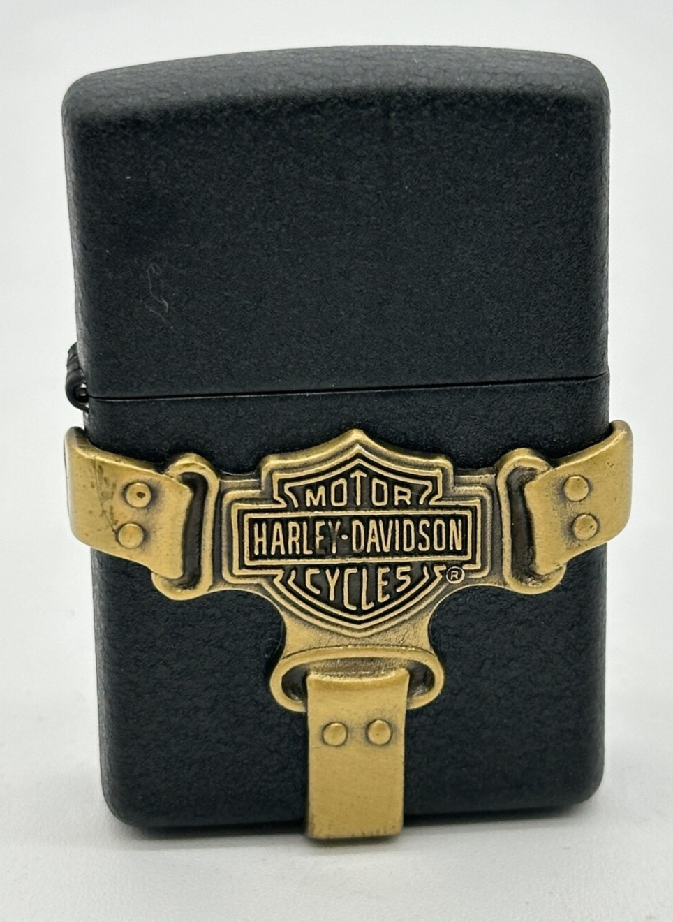 Vintage 1999 Harley Davidson Gold Boot Strap Emblem Black Matte Zippo Lighter XV Vintage 1999 Harley Davidson Gold Boot Strap Emblem Black Matte Zippo Lighter XV