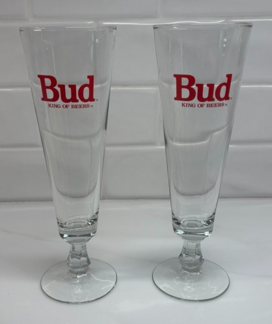 Pair of Vintage Bud King of Beers Pilsner Glasses 8-1/2\