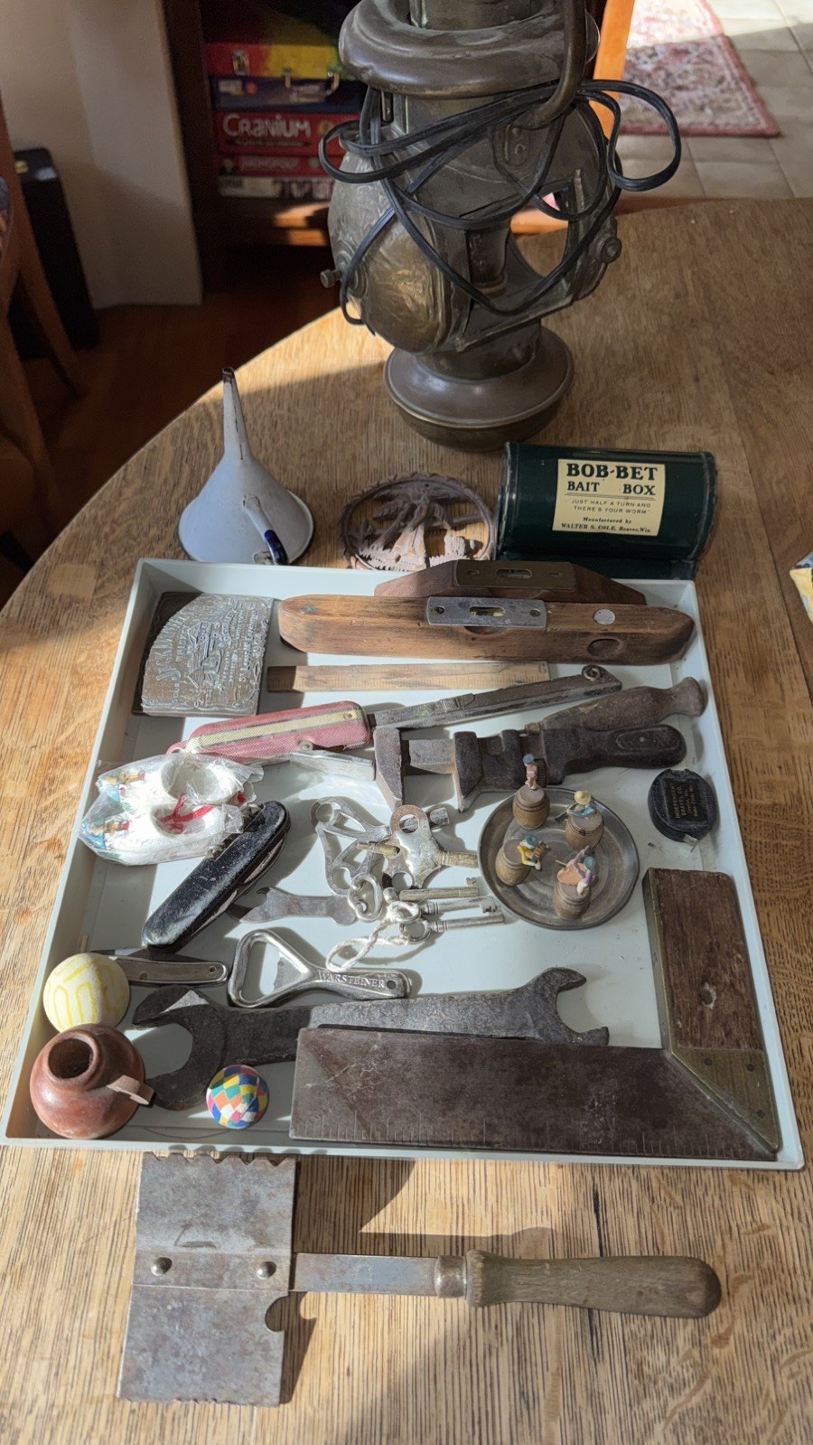 Vintage Mixed Lot Tools & Collectibles w/ Bob-Bait Box, Keys, Openers , Lantern Vintage Mixed Lot Tools & Collectibles w/ Bob-Bait Box, Keys, Openers , Lantern