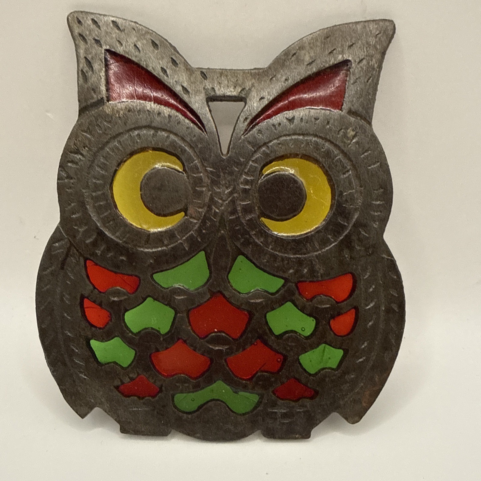 VTG MCM Cast Iron & Stain Glass Owl Trivet 60-70s Kitschy Decor VTG MCM Cast Iron & Stain Glass Owl Trivet 60-70s Kitschy Decor