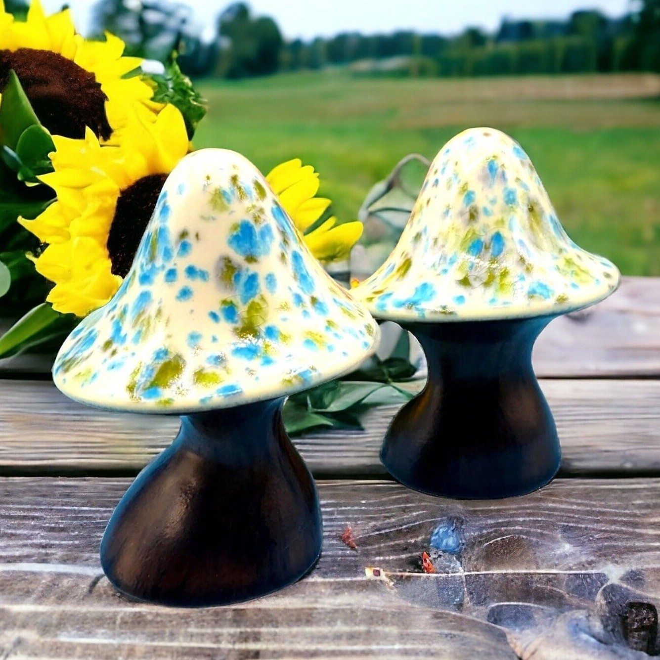 Mushroom Salt And Pepper Shakers Signed GG \'72 Blue Spotted Large 4\