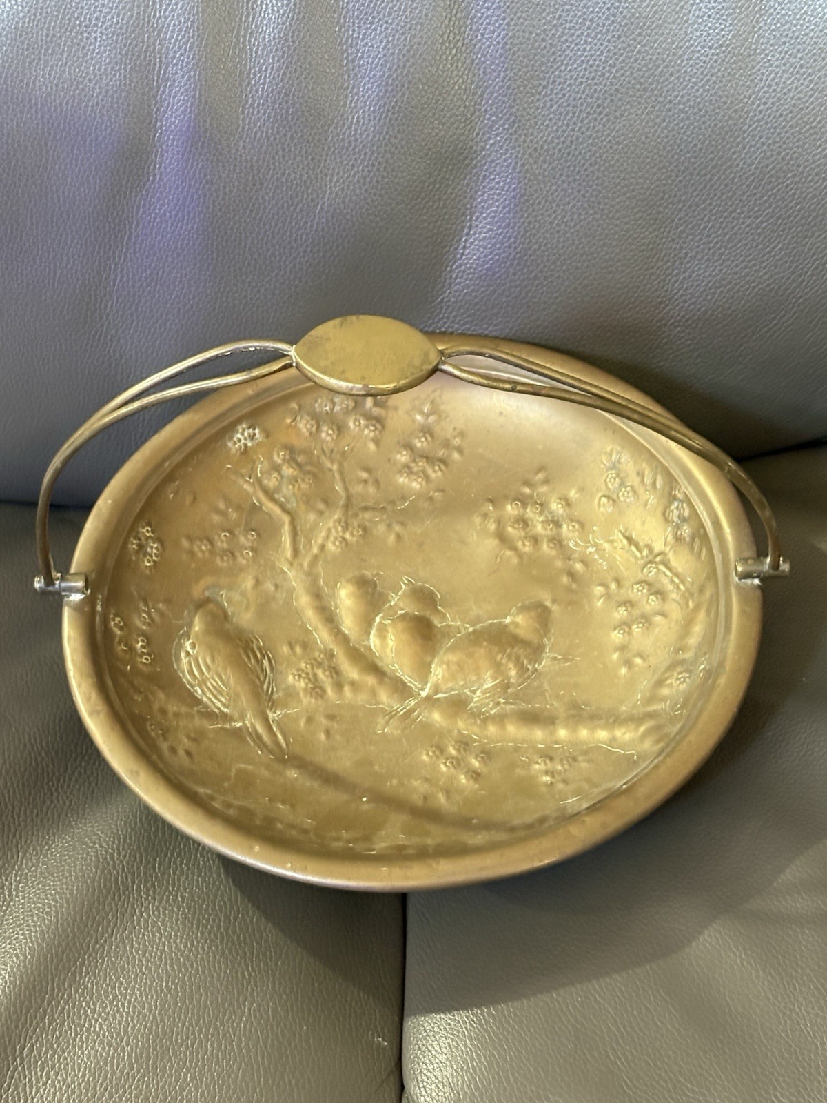 Vintage Embossed Brass Basket Birds Perched On Tree Branches Footed Handled  Vintage Embossed Brass Basket Birds Perched On Tree Branches Footed Handled 