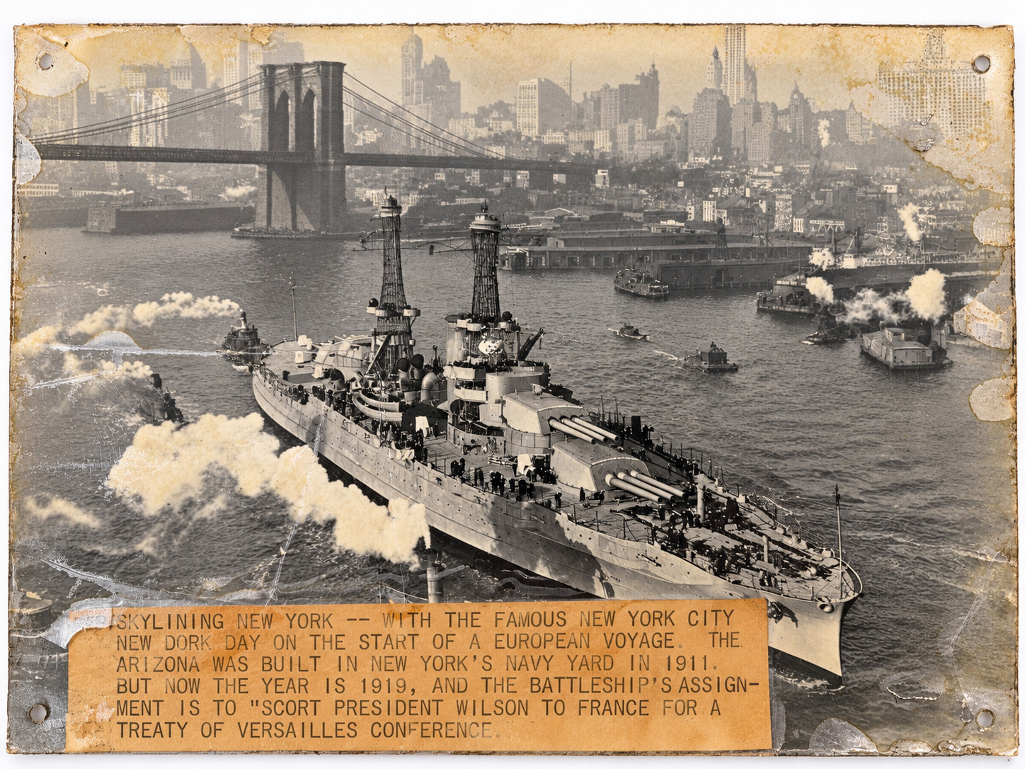 Vintage USS Arizona BB-39 Photo Print Brooklyn Bridge New York US Navy