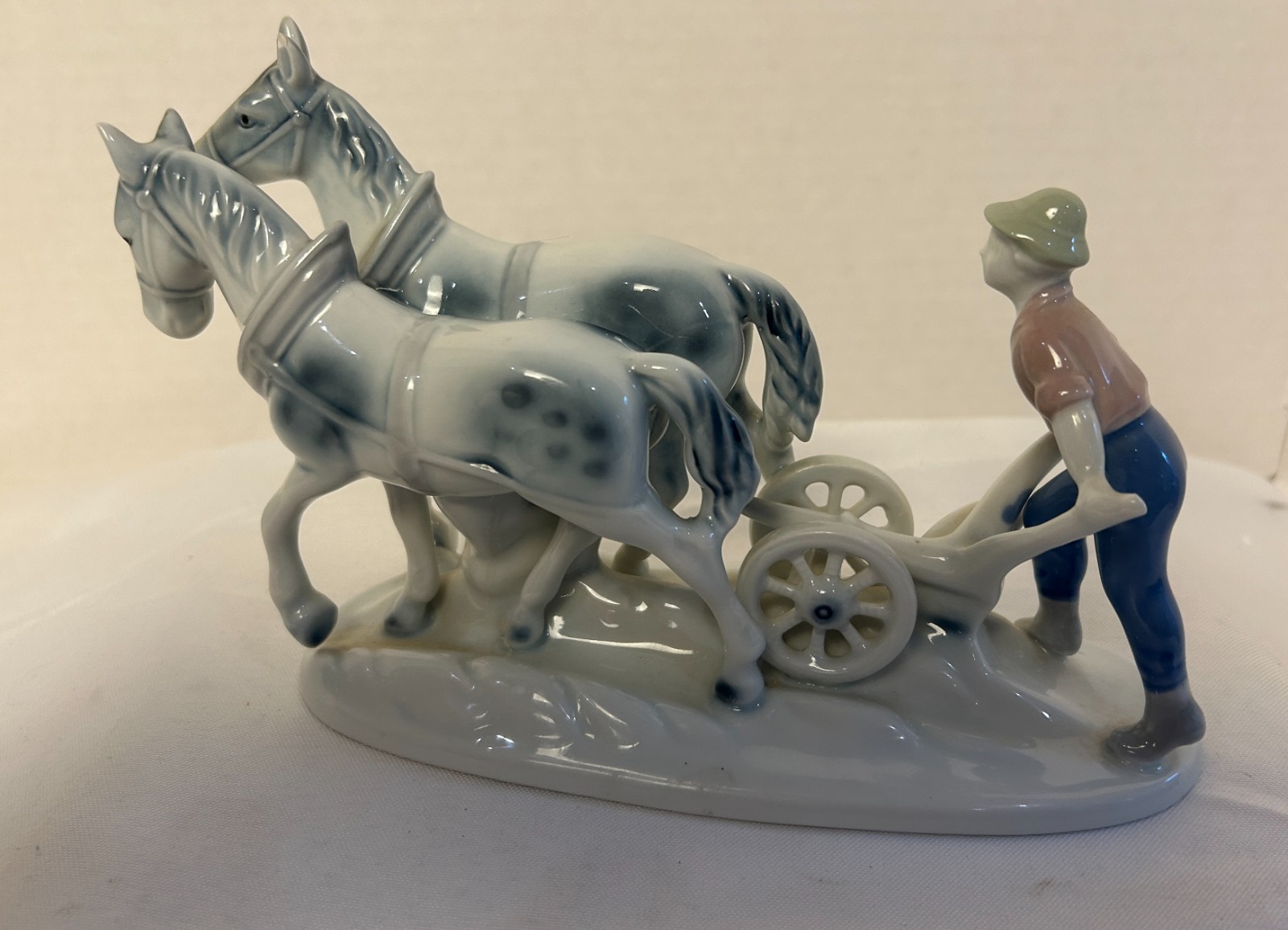 Vintage Gerold Porzellan Bavaria Farmer Plowing with Draft Horses Figurine Mint