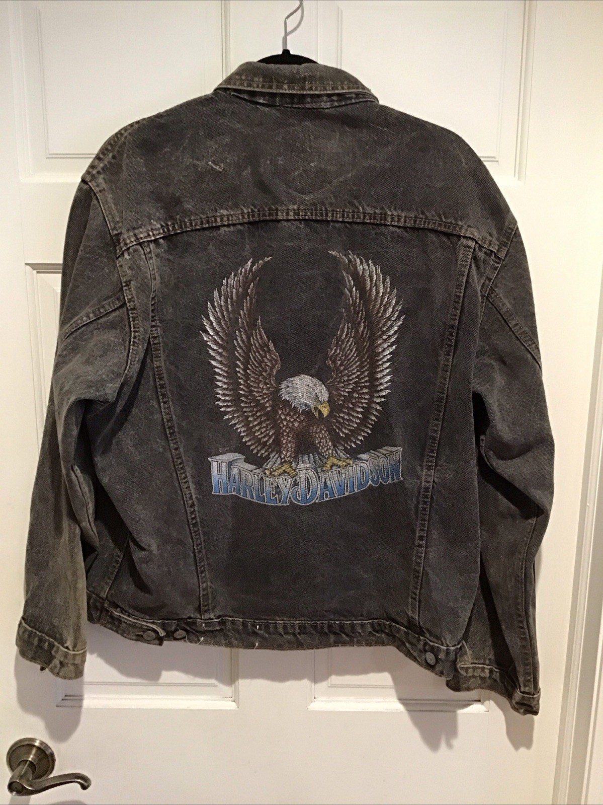 Vintage Harley Davidson Faded Black Eagle Back Denim Jacket Silver Button sz L