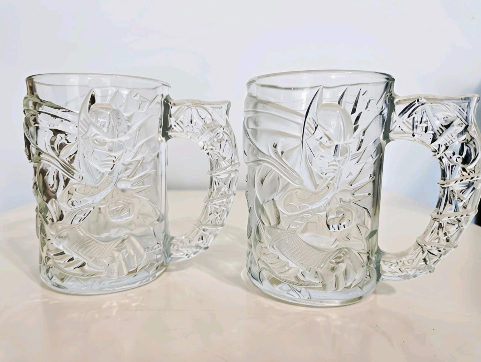 Vintage 1995 McDonalds Batman Forever Clear Glass Mugs Set of 2 DC Comics Batman