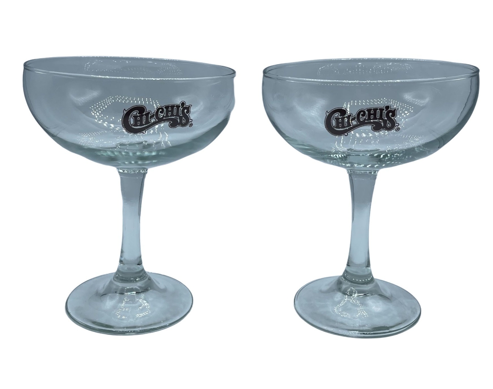 VTG 2 Chi-Chi\'s Margarita Glasses Black Logo Stemmed Cocktail Barware Clear Stem