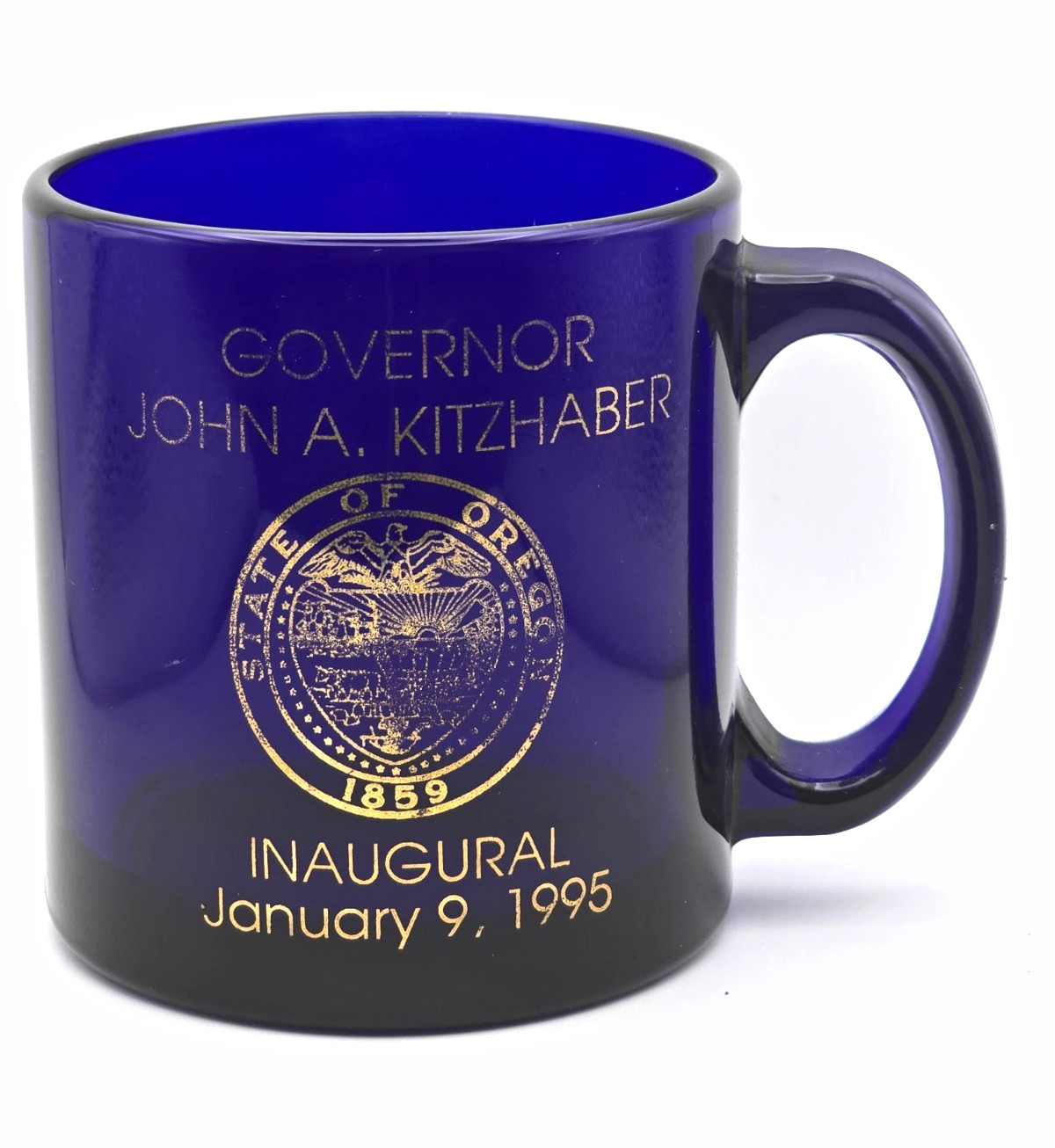 Vintage 1995 Governor John A Kitzhaber Oregon Inaugural Mug Cobalt Blue Glass