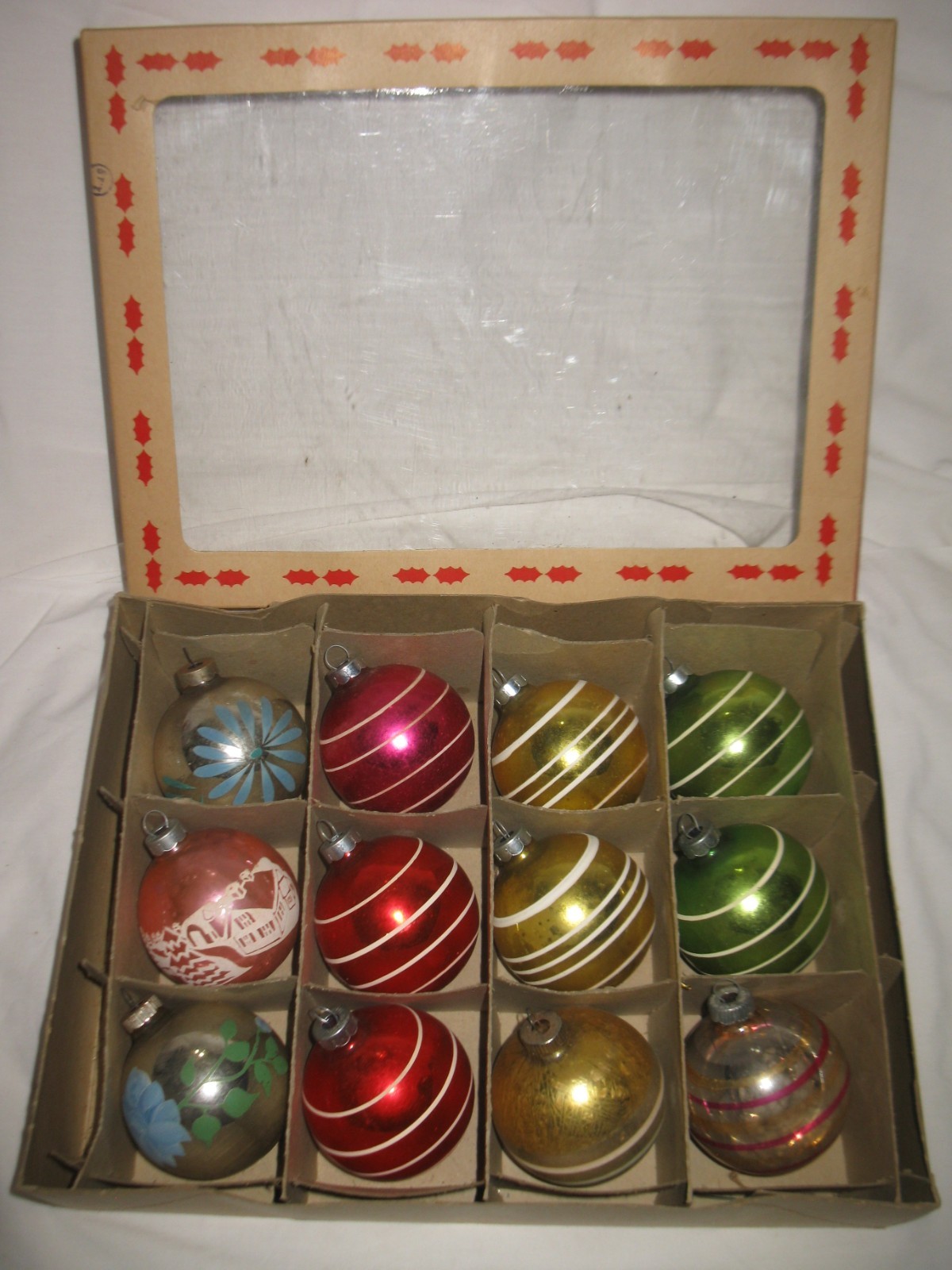 Vintage Glass Christmas Ornaments Bulbs Balls 12 Striped & Floral w/Box Vintage Glass Christmas Ornaments Bulbs Balls 12 Striped & Floral w/Box