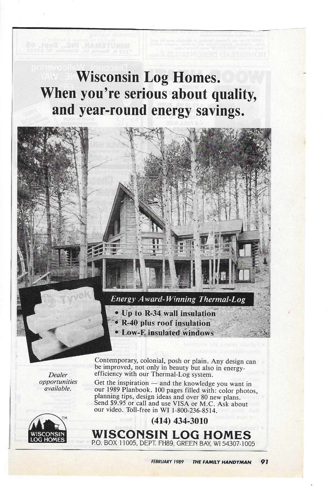 1989 Wisconsin Log Homes With Thermal Log System Vintage Print Advertisement