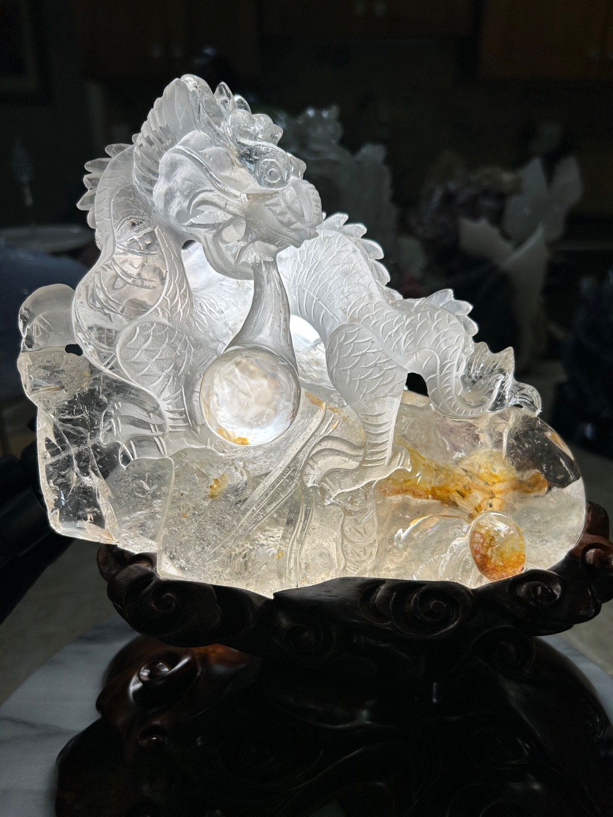 Dragon Golden healer Quartz carving with custom sandalwood stand