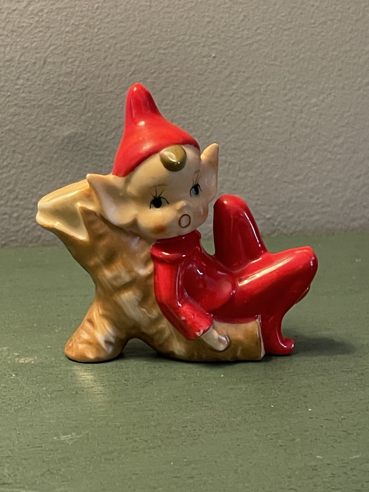 Vintage Pixie JAPAN Elf Log Tree Stump Ceramic Figural Kitsch MCM Christmas