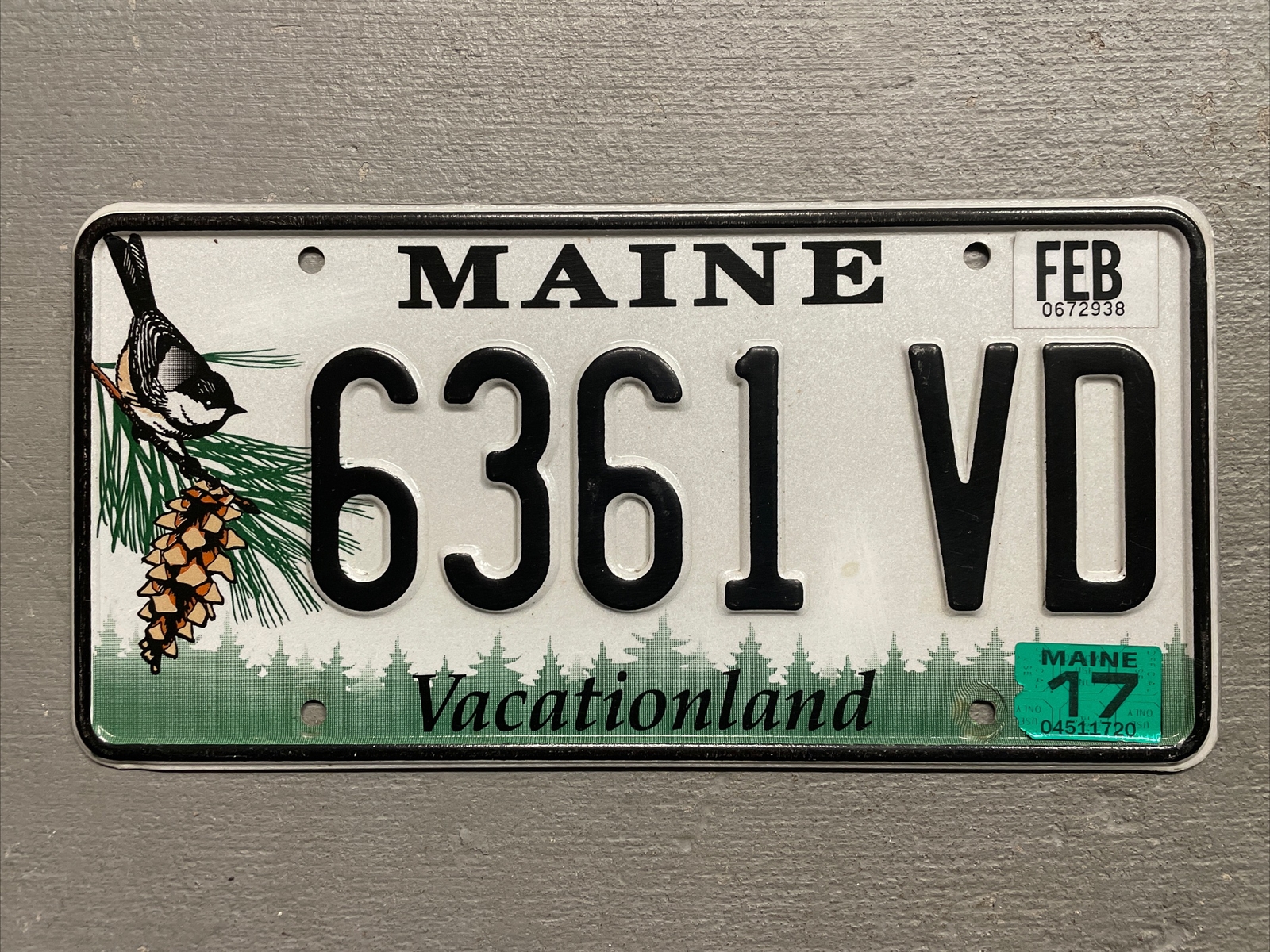VINTAGE MAINE LICENSE PLATE PINE CONE/CHICKADEE RANDOM LETTERS/ NUMBERS FAIR VINTAGE MAINE LICENSE PLATE PINE CONE/CHICKADEE RANDOM LETTERS/ NUMBERS FAIR
