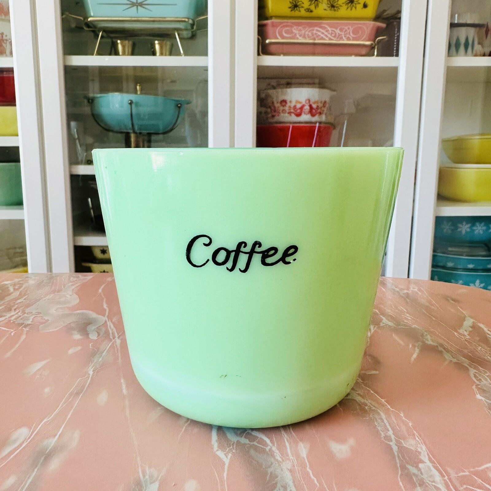 Vintage McKee ~ SCRIPT CURSIVE ~ Jadeite Jadite Coffee Canister Green Glass McK