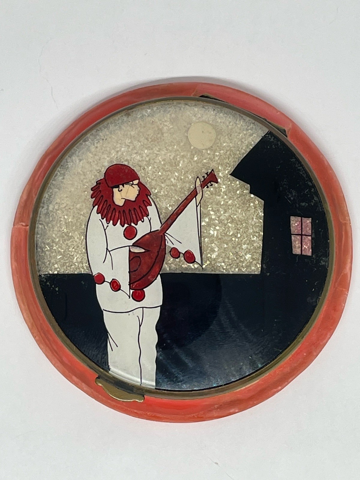 French Glitter Compact Pierrot Mandolin Moon Celluloid RARE Vintage French Glitter Compact Pierrot Mandolin Moon Celluloid RARE Vintage
