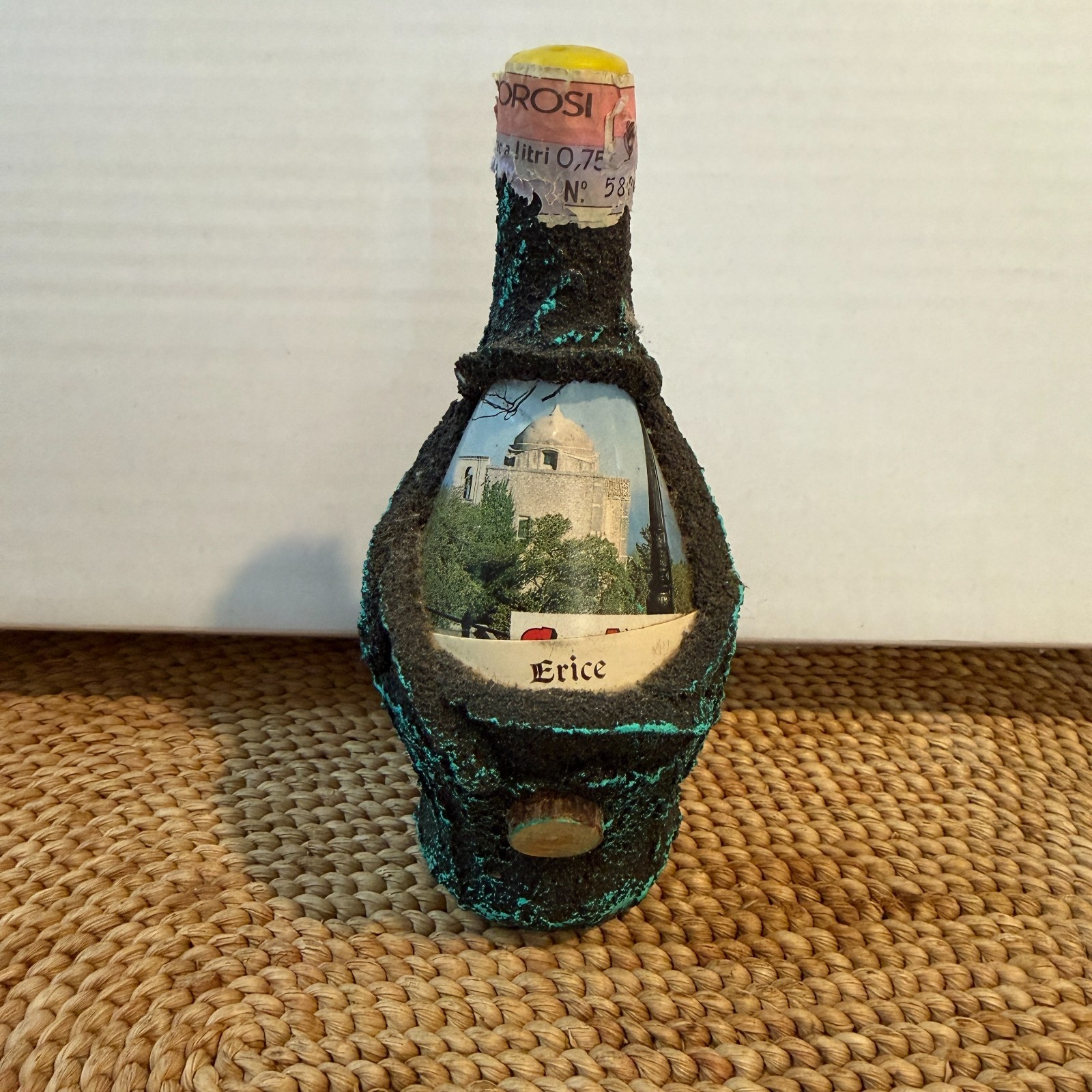Vintage Erice Sicily Souvenir Bottle Covered Flask Decorative Collectible