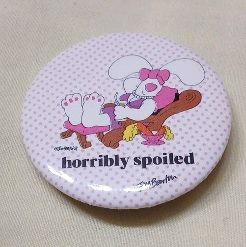 Jim Benton Bunny Button Lapel Pin - Vintage 1986 Horribly Spoiled Comic Rabbit