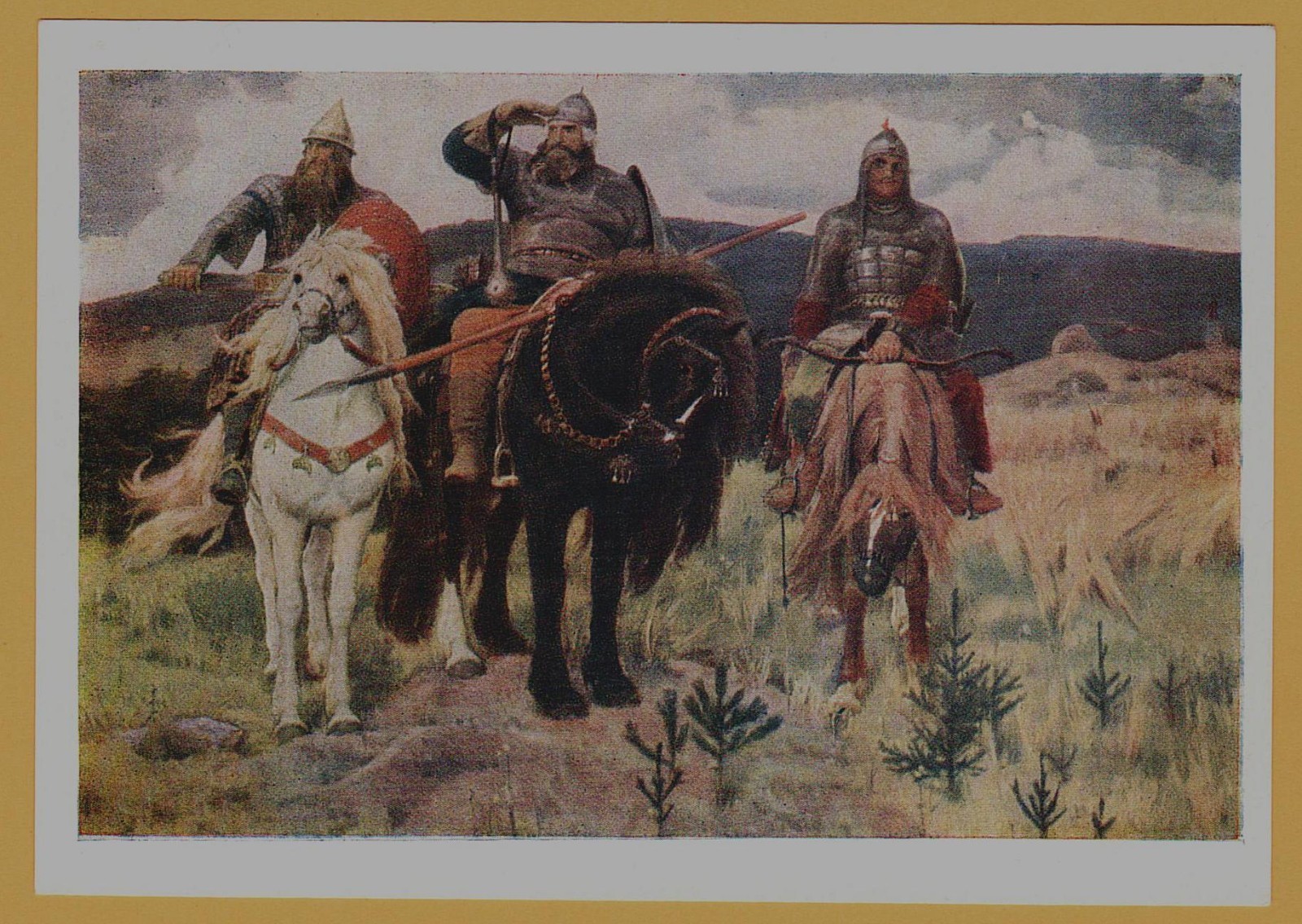 1959 Russian Fairy Tale Three Heroes Riders Horses ART Vasnetsov Soviet Postcard