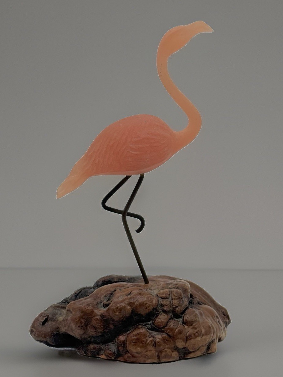Vintage 1980s Art Sculpture Pink Acrylic Flamingo Bird, Burlwood John Perry USA