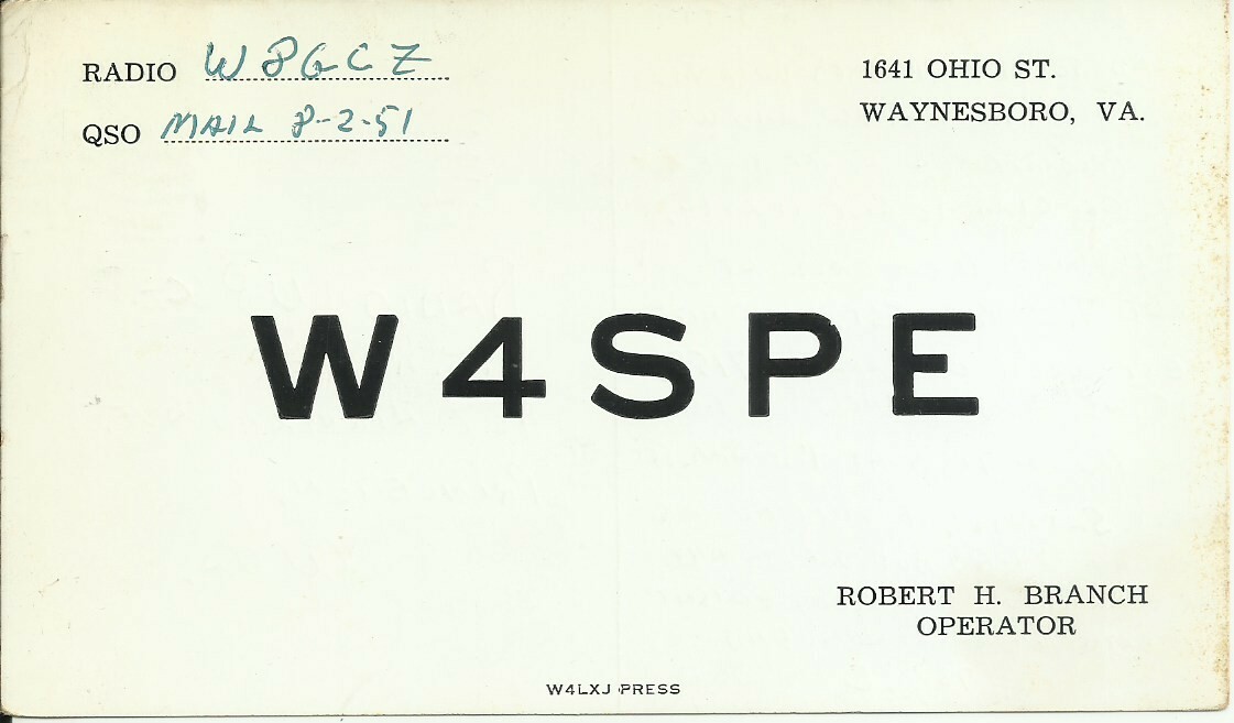 Vintage W4SPE Waynesboro Virginia USA 1951 Amateur Radio QSL Card Vintage W4SPE Waynesboro Virginia USA 1951 Amateur Radio QSL Card
