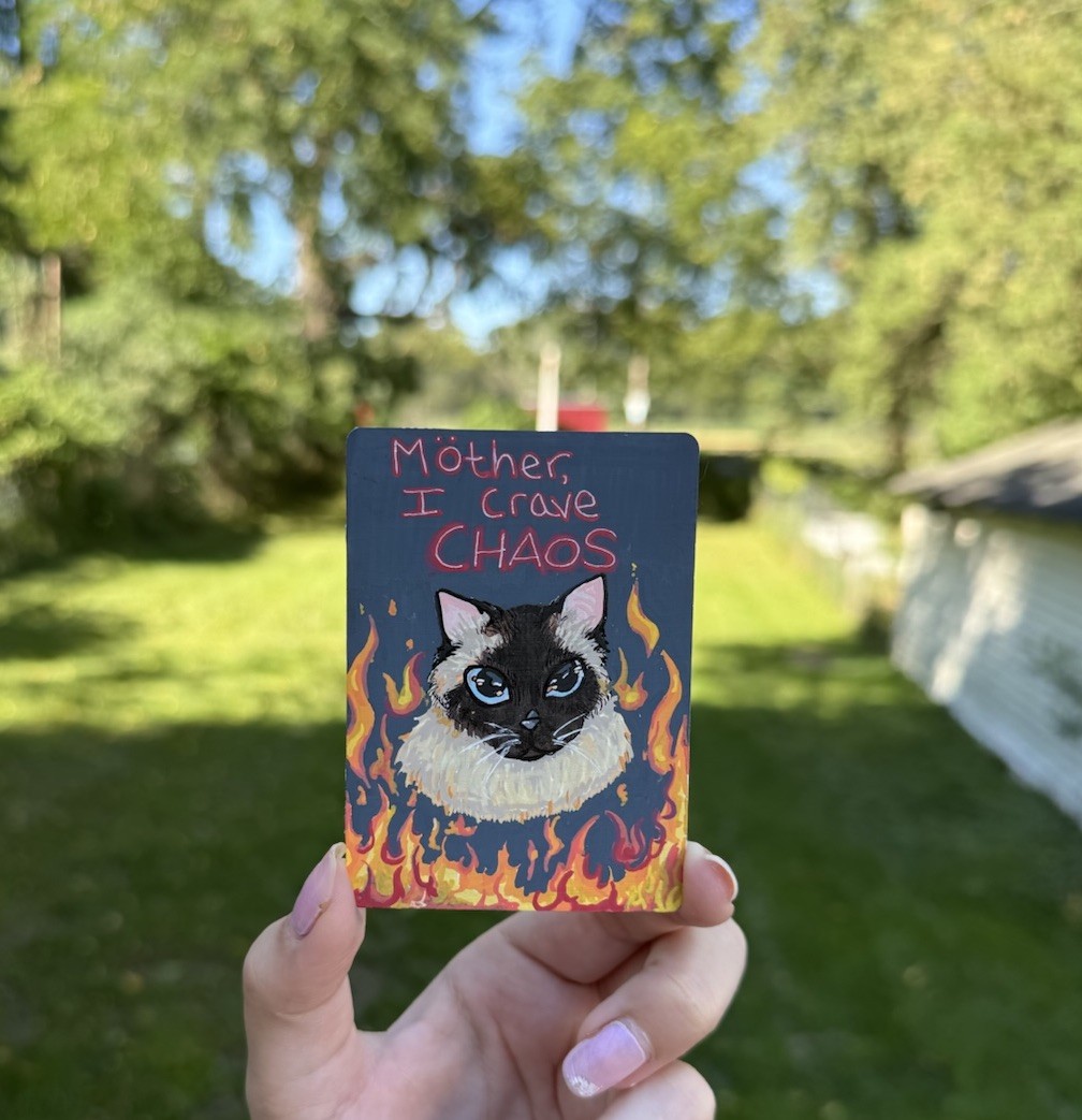 “Möther i Crave Chaos” ACEO Acrylic Paint Over A Pokemon Energy Card