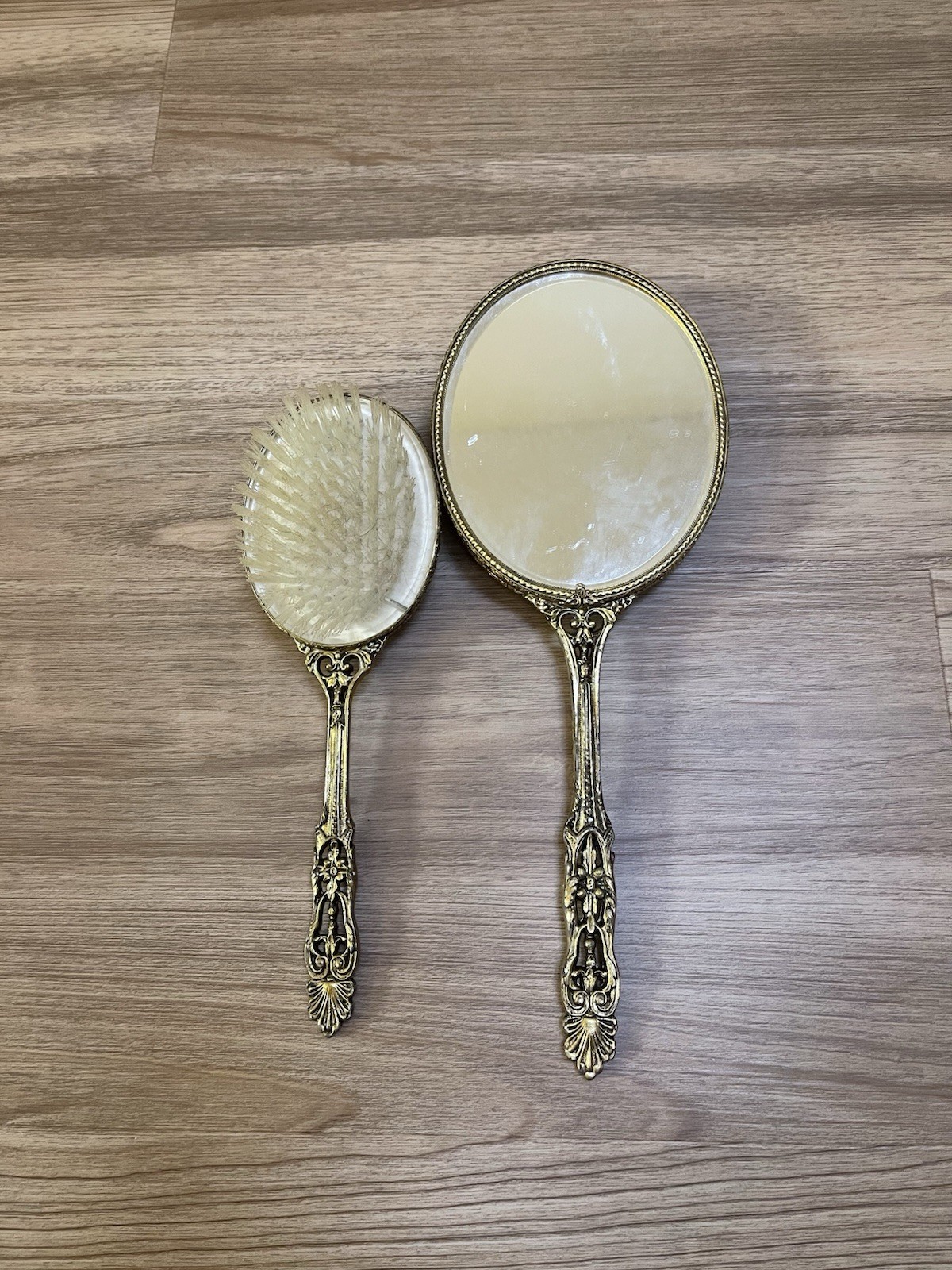 Antique Floral Brass Mirror And Hairbrush Nice Jewel & Pattern Design Rare