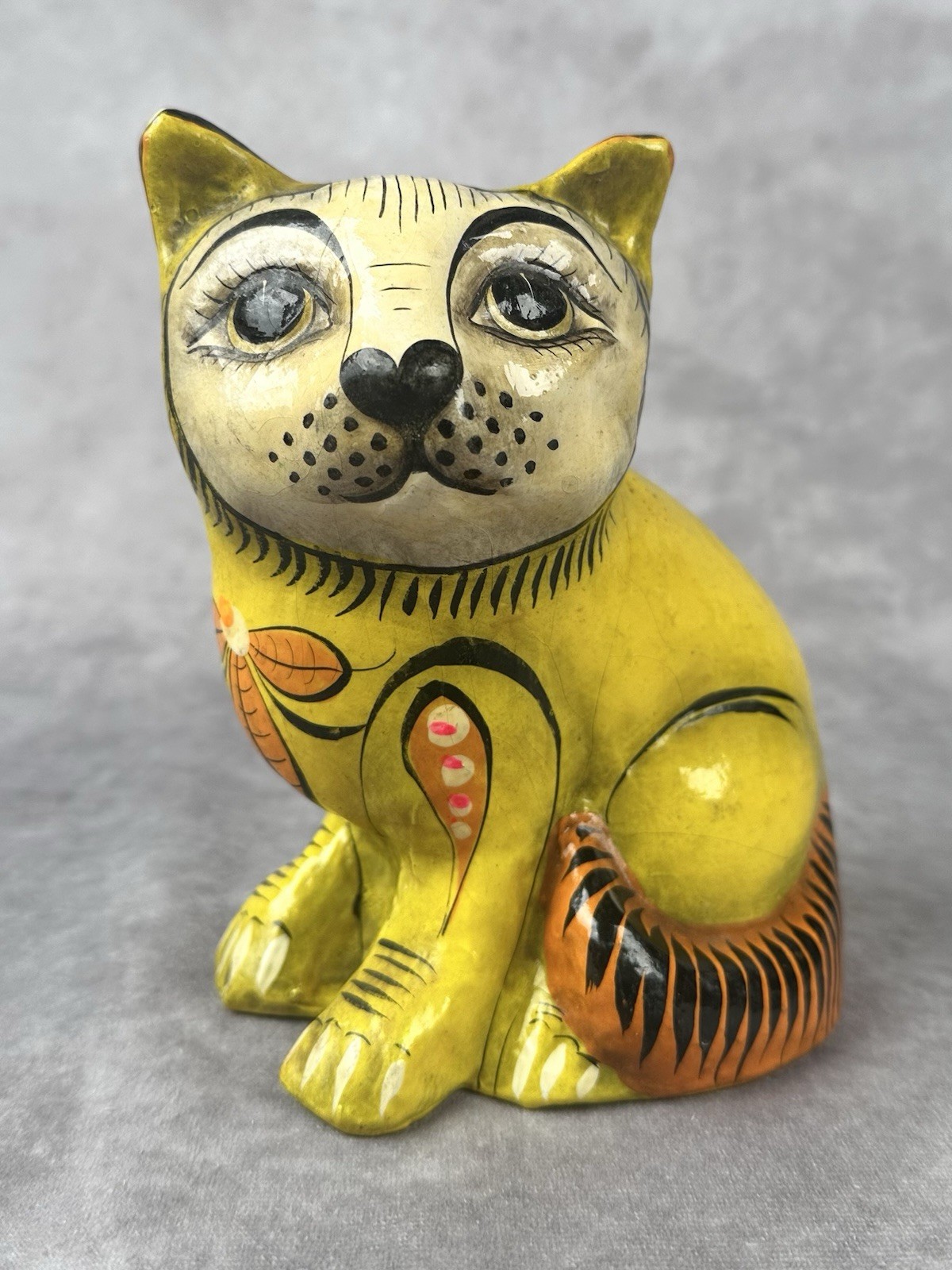 Vintage Sermel Tonala Mexico Paper Mache Cat Sculpture Signed Folk Art Yellow 6