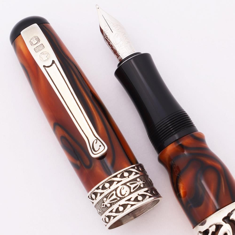 Curtis Australia Luxury Celtic Fountain Pen - Amber w Sterling Trim, M 14k (NOS)