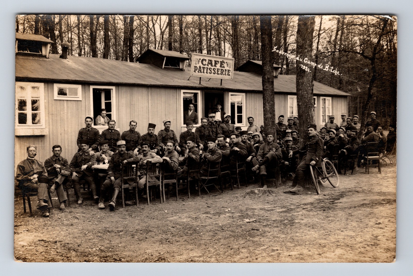 RPPC Portrait French? Soldiers at Café Patisserie Camp de Bitche France Postcard RPPC Portrait French? Soldiers at Café Patisserie Camp de Bitche France Postcard