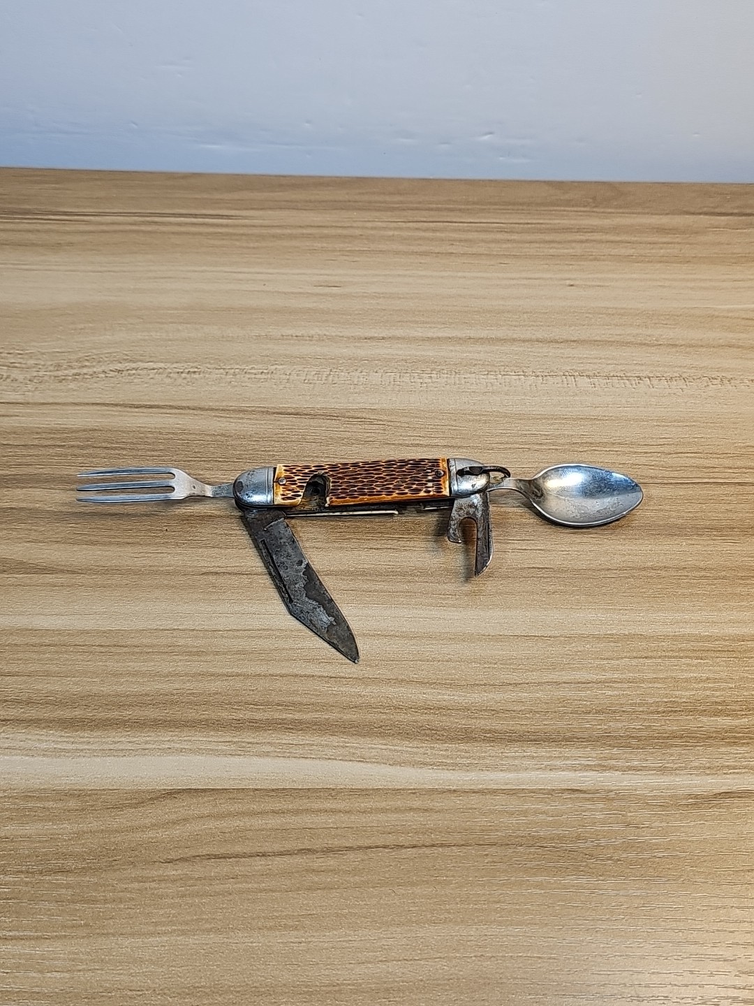 VINTAGE COLONIAL PROV. USA Hobo Camp Knife w/ Spoon Fork Opener Stainless Steel VINTAGE COLONIAL PROV. USA Hobo Camp Knife w/ Spoon Fork Opener Stainless Steel