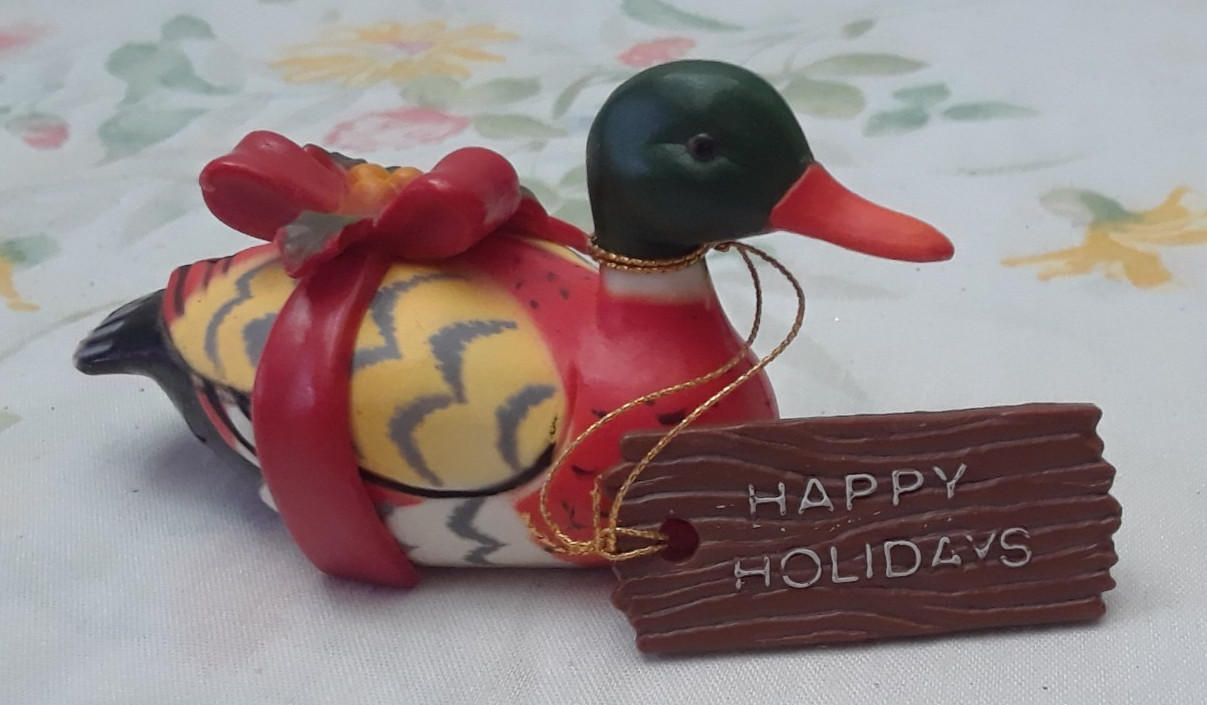 Vintage Enesco 1983 Miniature Mallard Duck Decoy Happy Holidays Figure 3 in