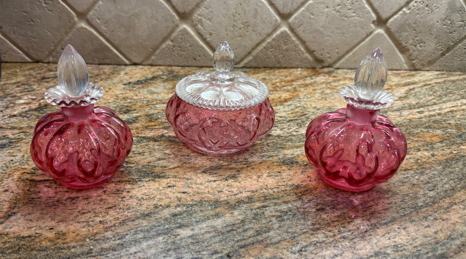 Vintage Fenton Glass Cranberry Dresser Vanity Complete