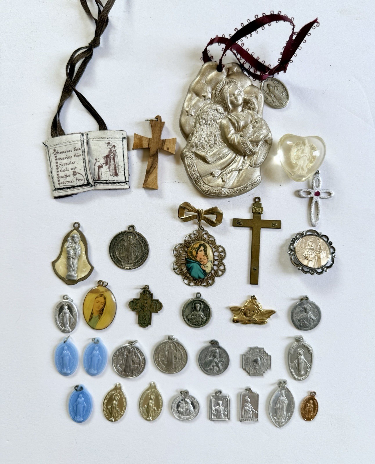 Vintage Catholic Religious Medals Lot- Crosses Charms Pendants Virgin Mary
