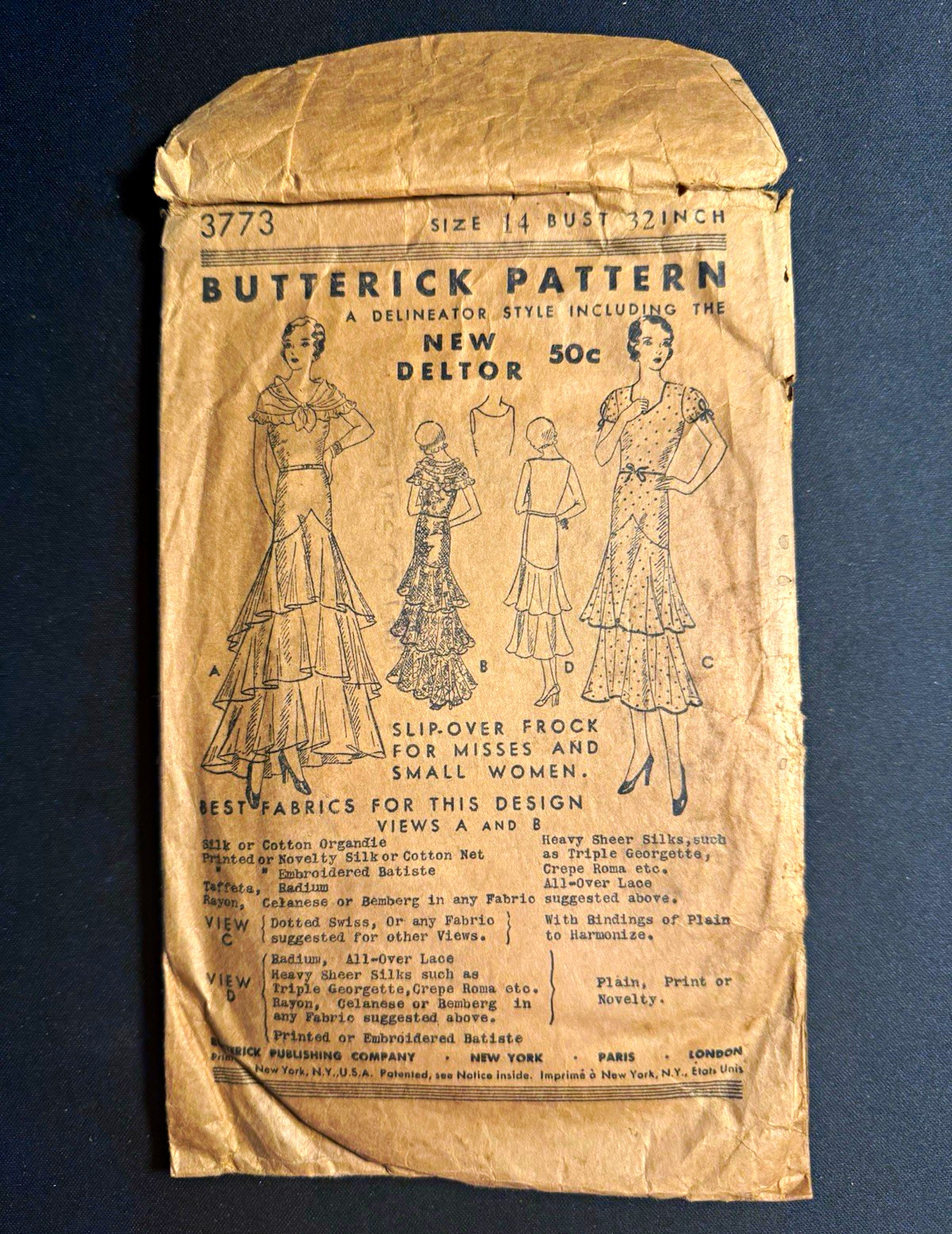 Antique Circa 1930s Butterick 3773 Evening Gown Dress Sewing Pattern Sz 14 Antique Circa 1930s Butterick 3773 Evening Gown Dress Sewing Pattern Sz 14