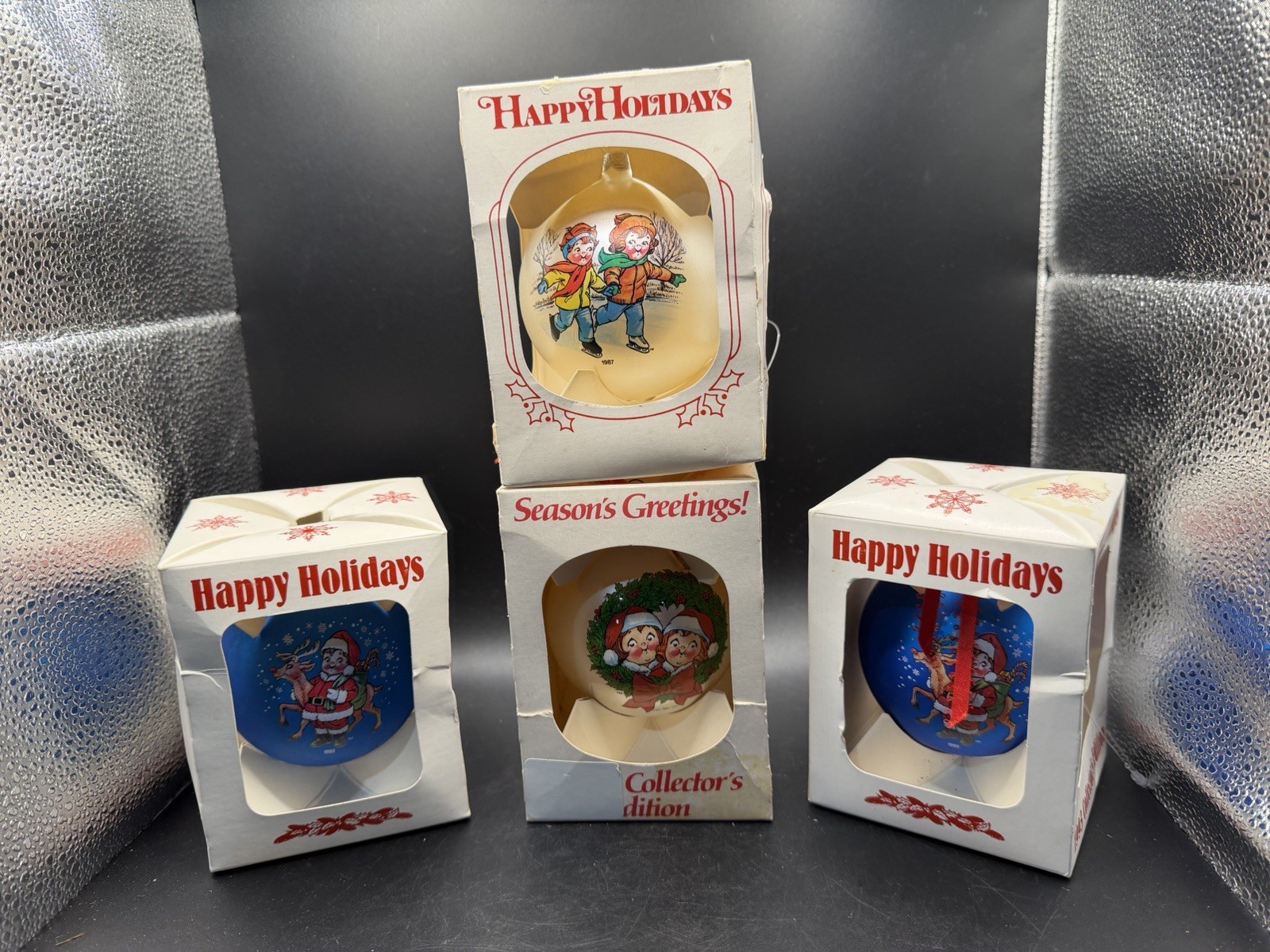 Vintage Campbell Soup Kids Glass Christmas Ornaments Lot of 4 In Box 80s 90s