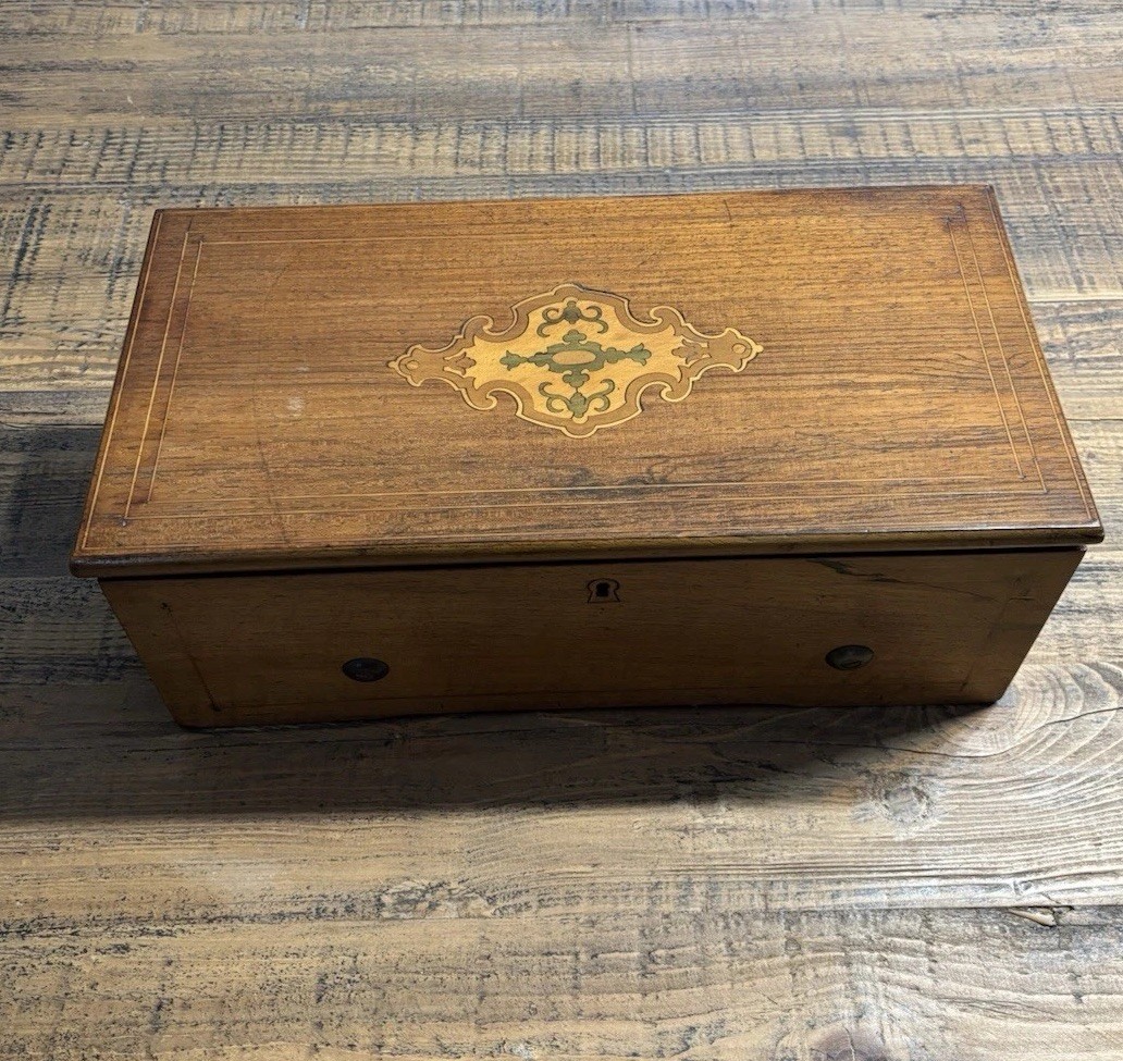 19th C. Antique Swiss Cylinder Roll Music Box 6 Tune Airs with Inlaid Case 19th C. Antique Swiss Cylinder Roll Music Box 6 Tune Airs with Inlaid Case