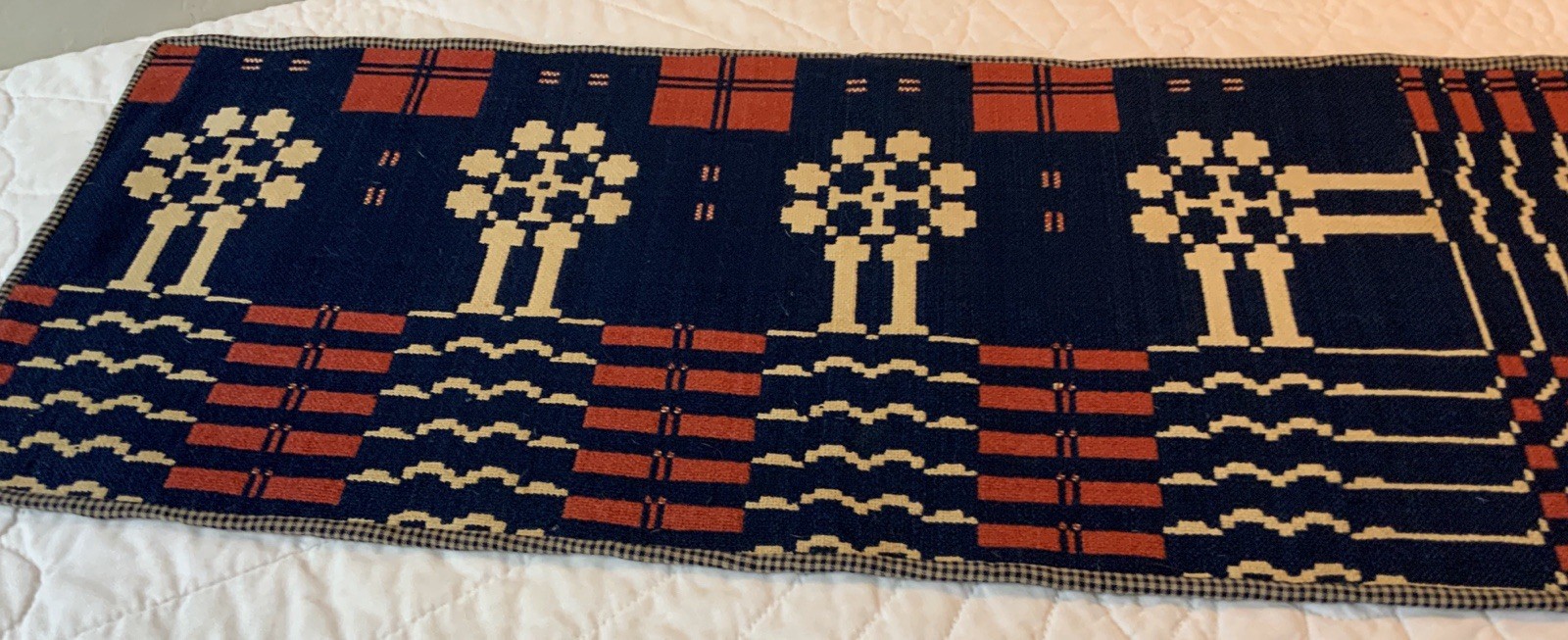 Antique Woven Wool Coverlet Table Runner, Geometric Design, Navy, Pinkish Red