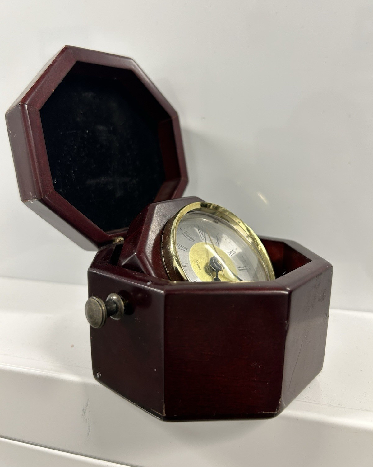 Octagon Analog Desk Clock Hinged Wooden Case Brown/Gold Wood Metal Glass