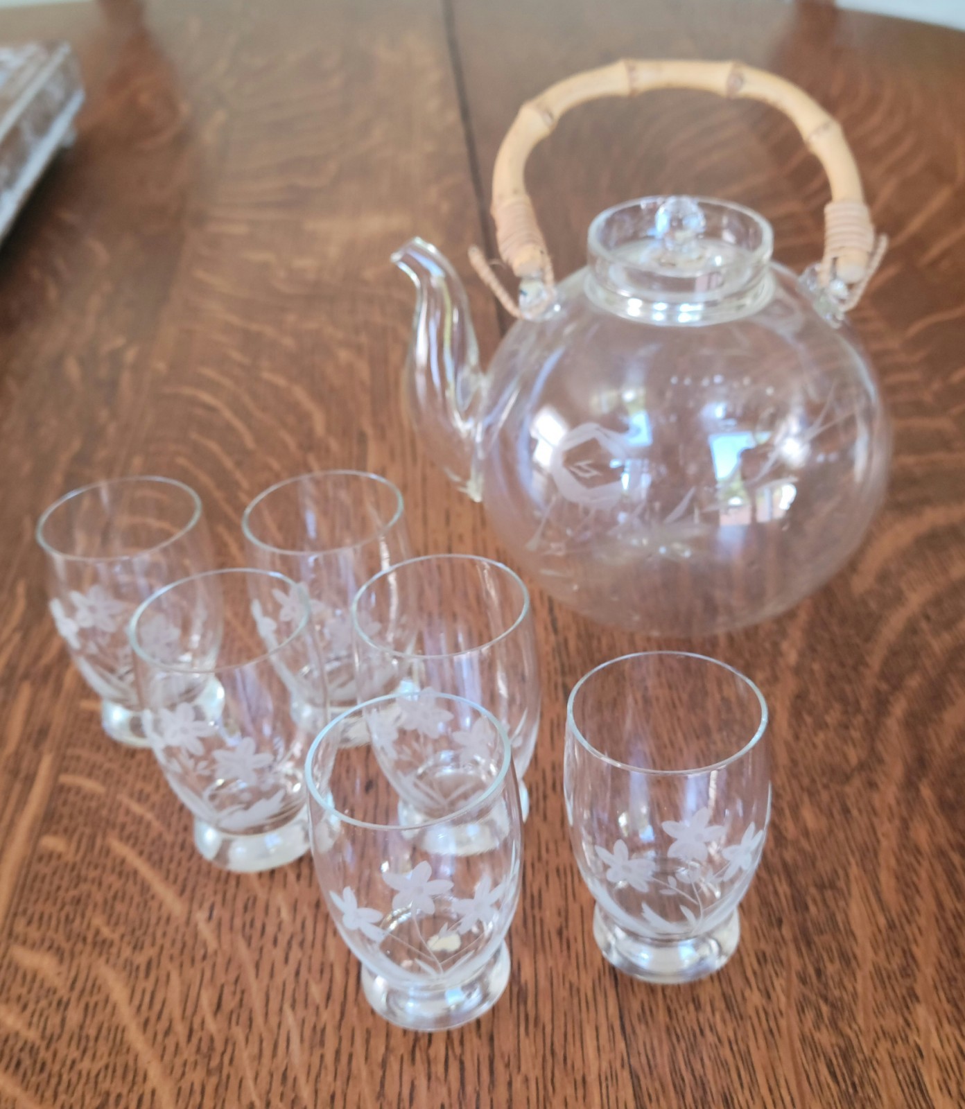 Japanese/Asian Bamboo Handle/Blown Glass Tea/Sake Set. Pot And 6 Glasses Vintage Japanese/Asian Bamboo Handle/Blown Glass Tea/Sake Set. Pot And 6 Glasses Vintage
