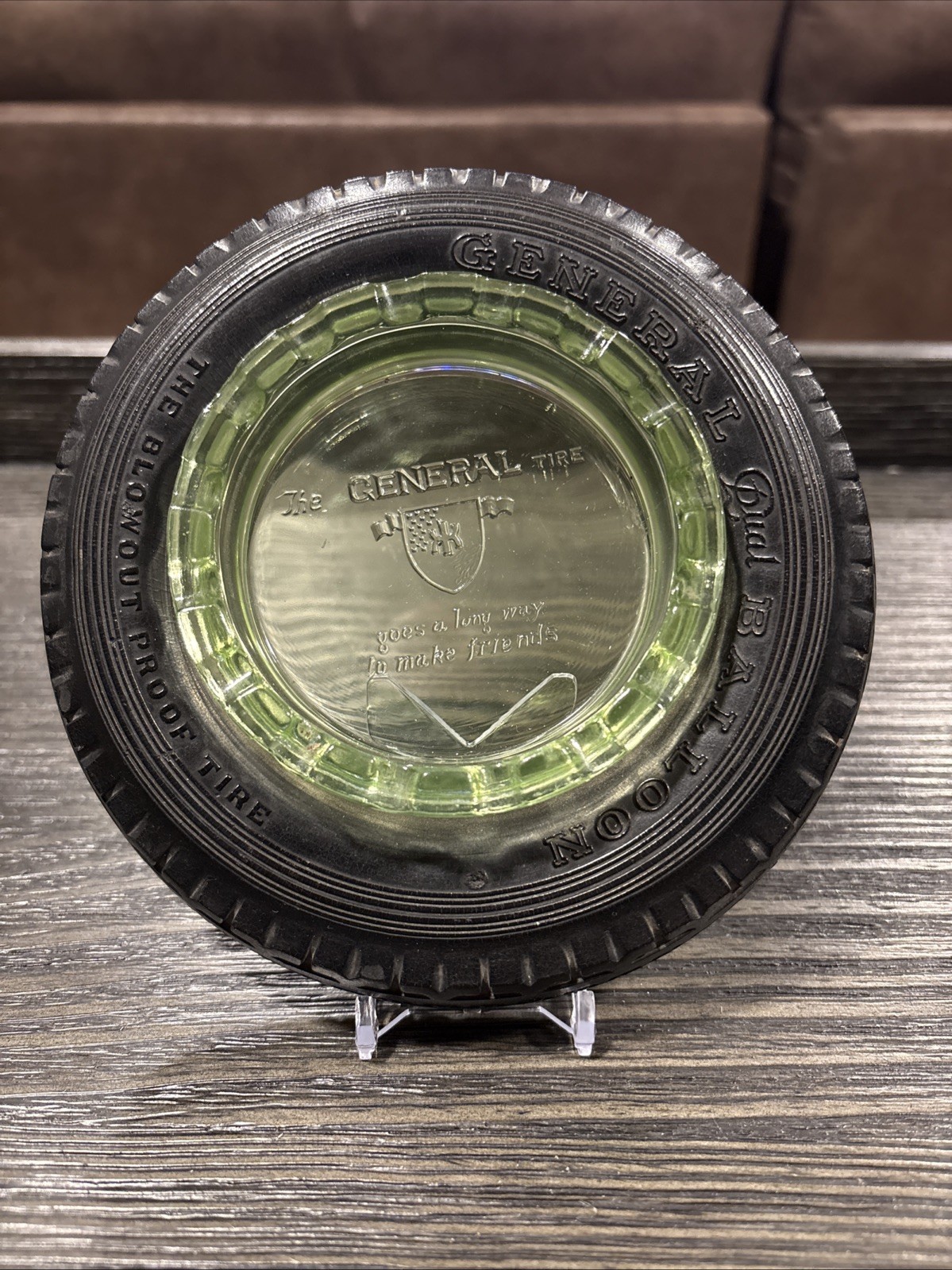 Vtg 1930s General Tire Dual Balloon Ashtray Green Uranium Glass Automobilia