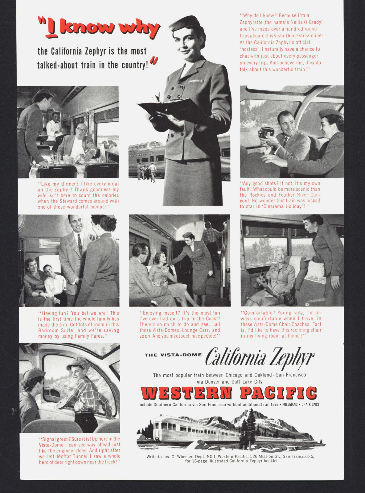 1956 WESTERN PACIFIC CALIFORNIA ZEPHYR ZEPHYRETTE NELLIE O\'GRADY MAG PRINT AD