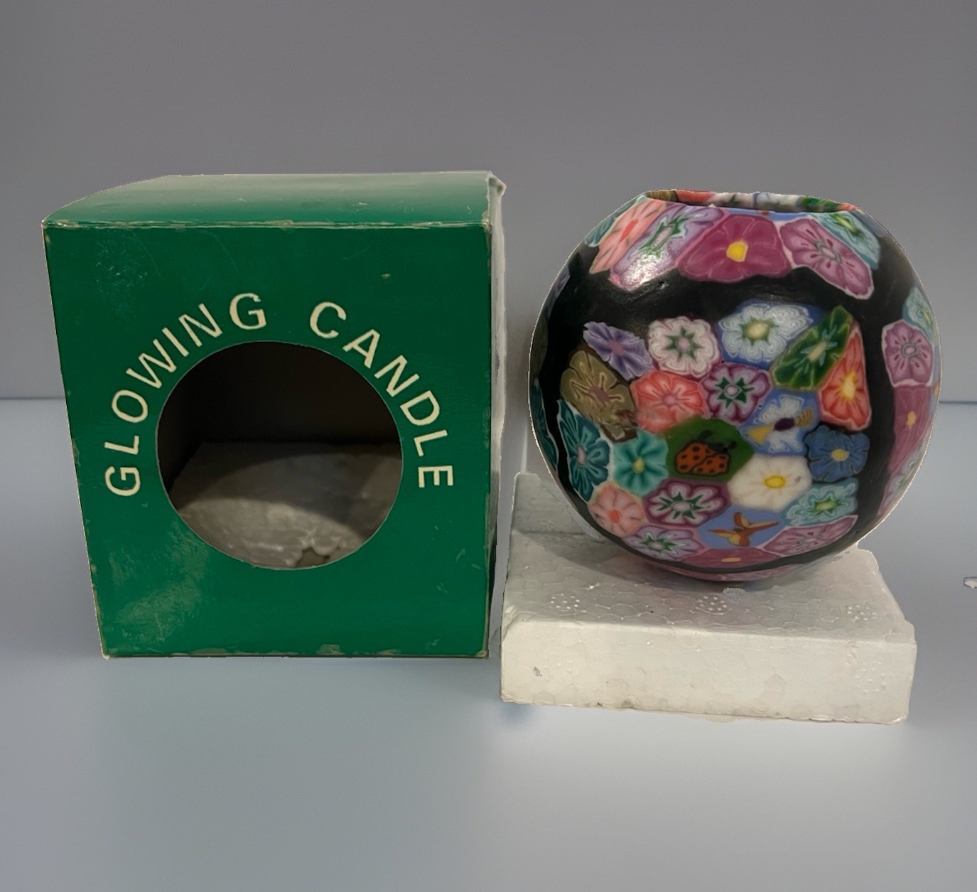 VTG 90s Glowing Candle Millefiori Mosaic 3.5” Ball Candle Lady Bug Floral NIB