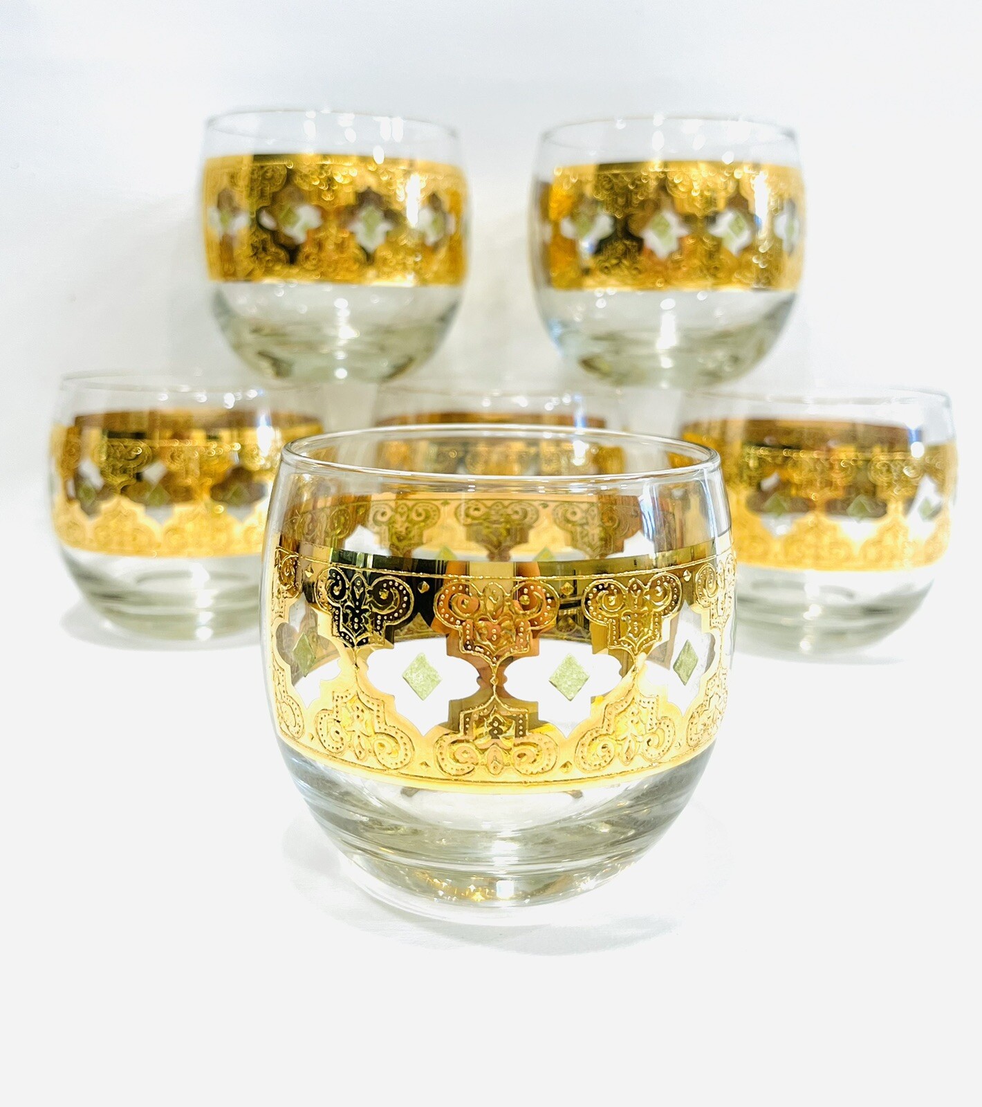 Vintage CULVER MCM Green 22k Gold Scroll Roly Poly Cocktail Glasses- Set Of 6