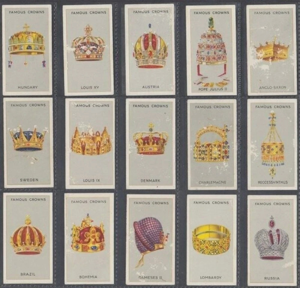 1938 GODFREY PHILLIPS LTD. FAMOUS CROWNS 25 TOBACCO CARD SET 1938 GODFREY PHILLIPS LTD. FAMOUS CROWNS 25 TOBACCO CARD SET