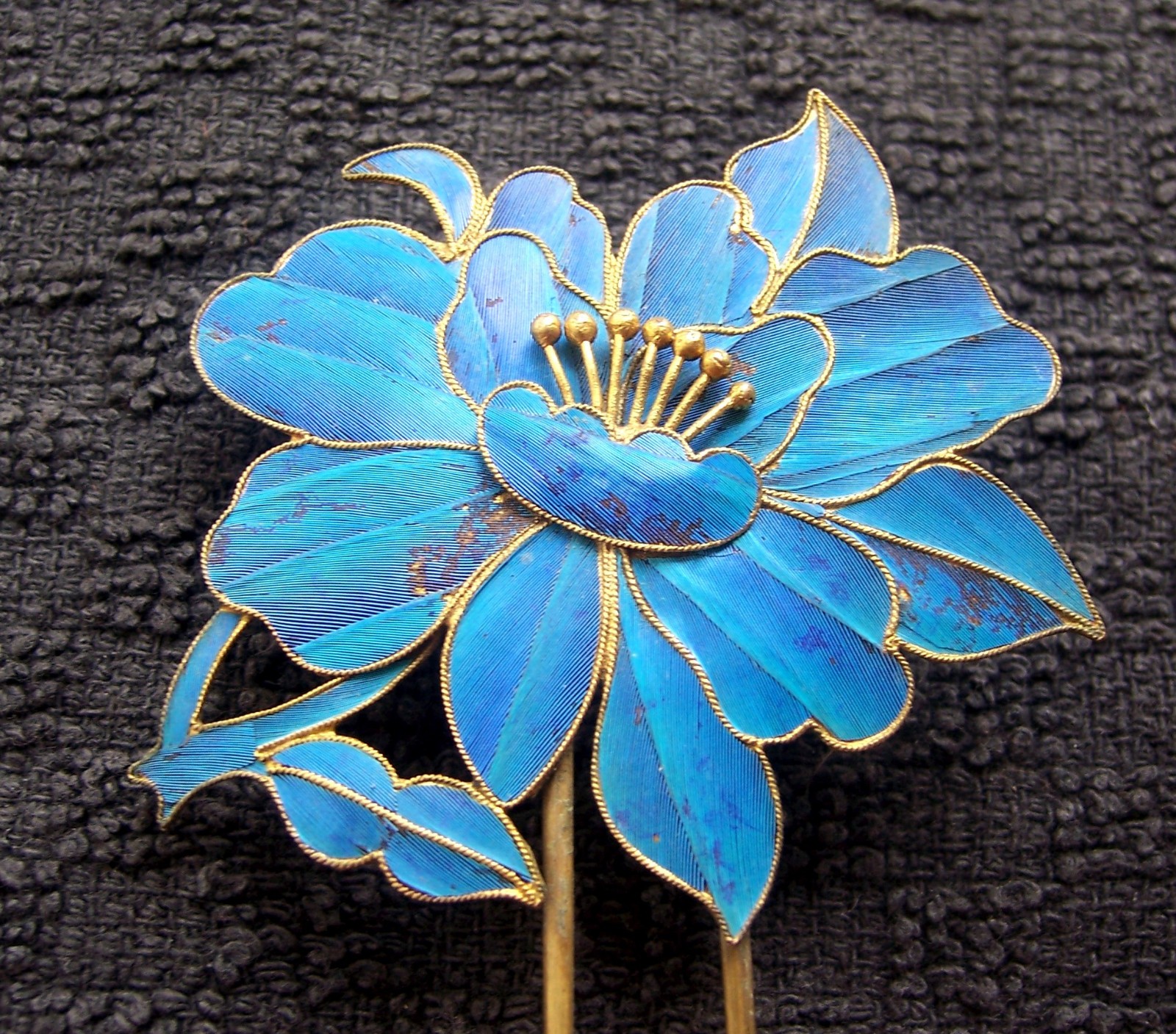 Chinese kingfisher feather hair pin tfloral and leaf design NO US IMPORT FEES