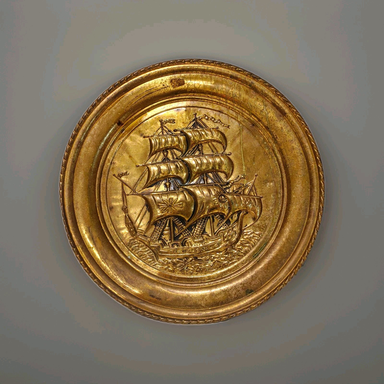 vintage mid-century repoussé brass wall hanging plate nautical sailing ship