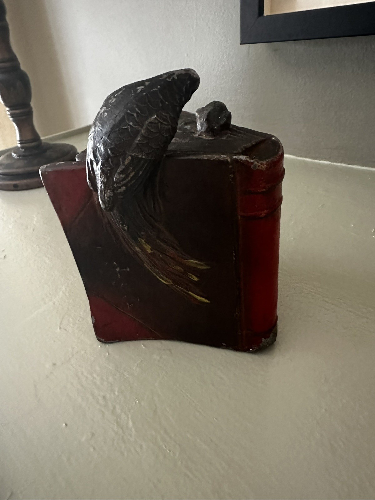 Vintage Antique Brass Bookends 1920s Metalsmiths Parrots on Book Single