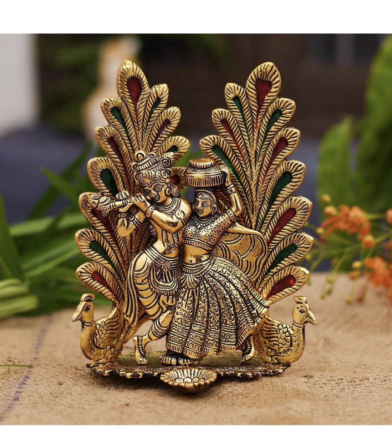 Radha Krishna Idol Peacock Design Gold-Plated Metal Diya 7 x 5 Inches Radha Krishna Idol Peacock Design Gold-Plated Metal Diya 7 x 5 Inches