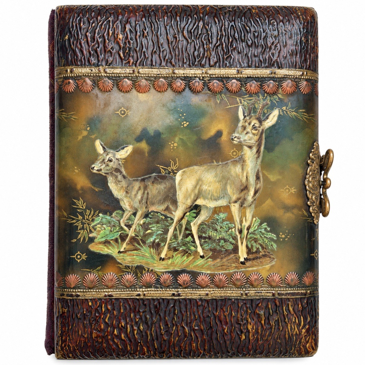 Antique Victorian Celluloid Photo Album Deer Forest Brass Clasp 22 Photographs Antique Victorian Celluloid Photo Album Deer Forest Brass Clasp 22 Photographs