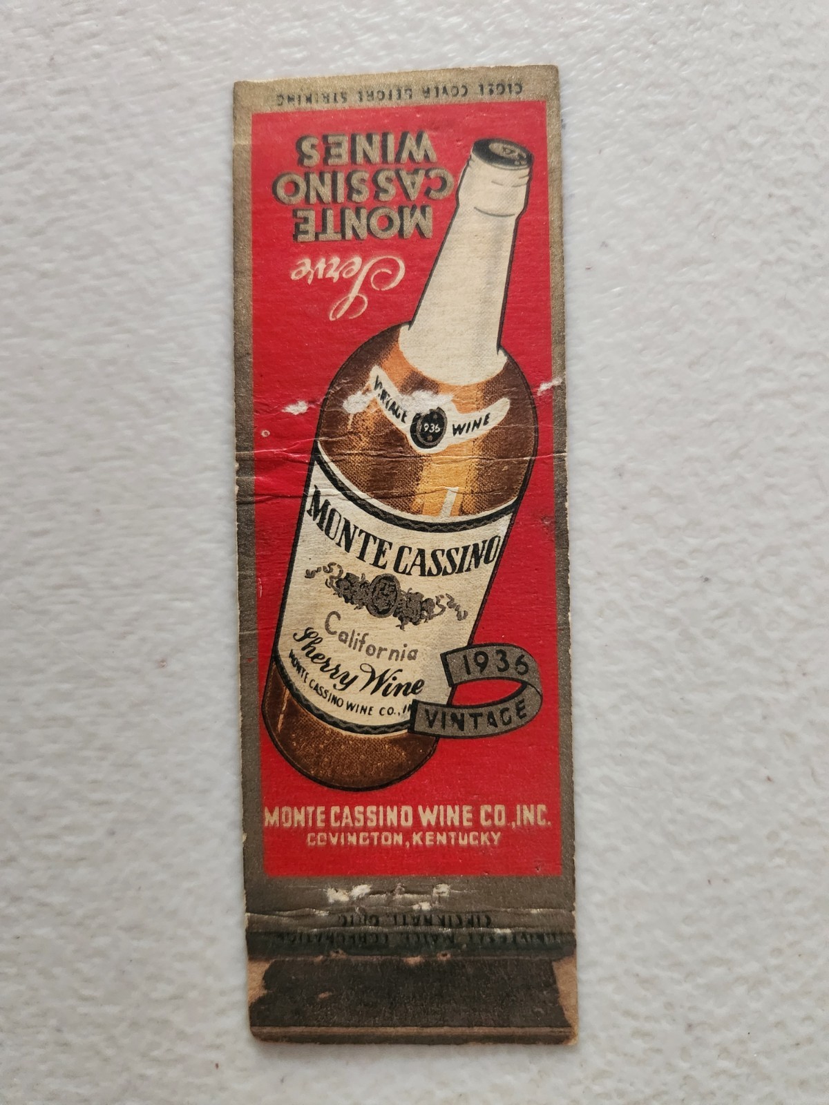 Monte Cassino Wine Full Length Advertising Matchbook Cover. (wear)